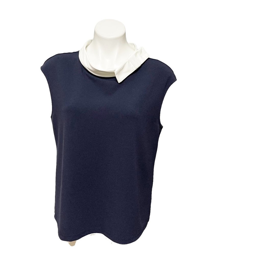 Edward Achour Paris Large Navy Sleeveless White Bow Neck Detail Sleevele…
